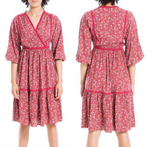 NWT Max Studio Boho Red Floral Bubble Sleeve Peasant Dress - Picture 7 of 7